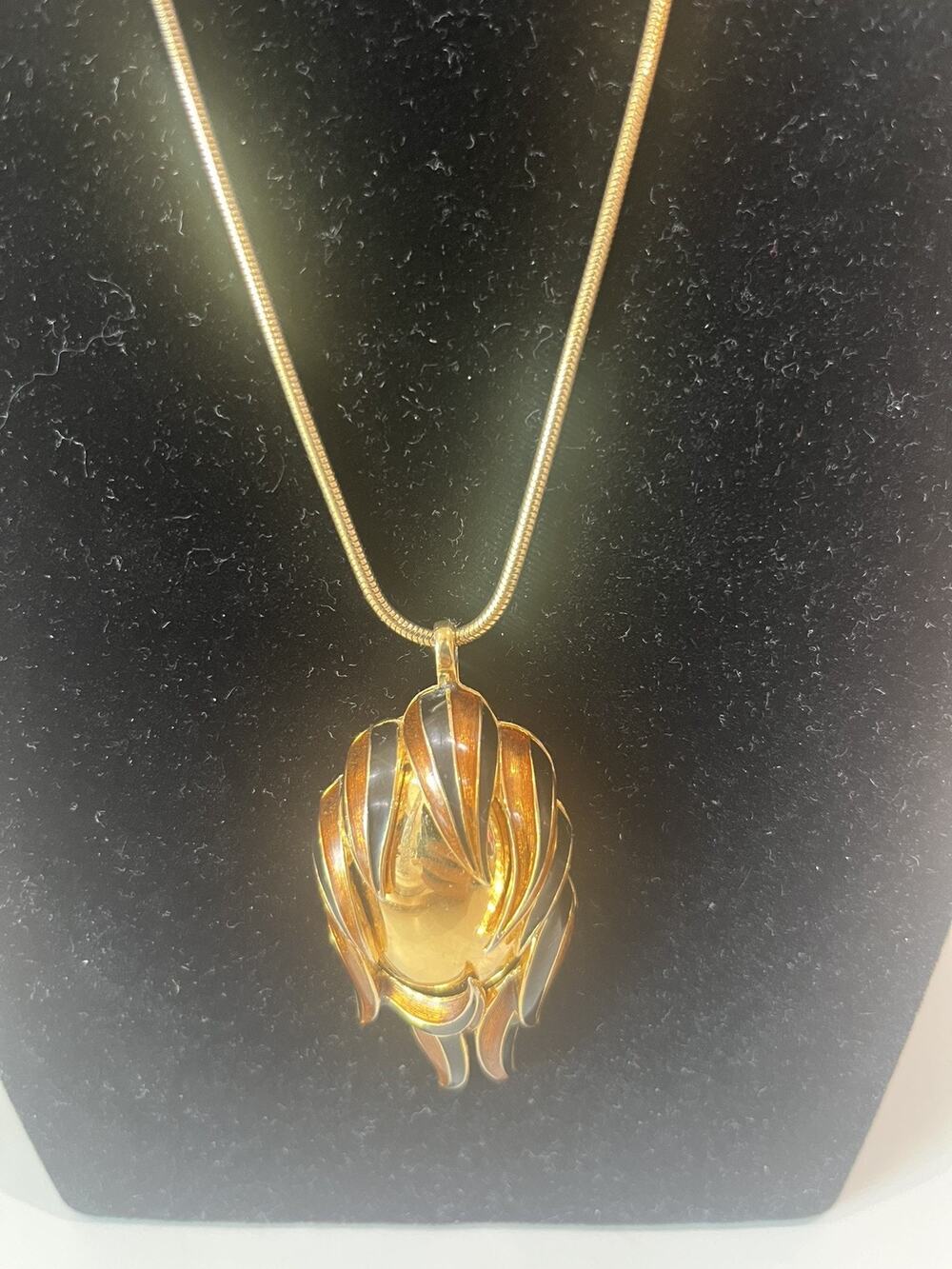 VTG Signed D'Orlan Designer Gold Tone Black Brown Enamel Pendant Necklace 24”